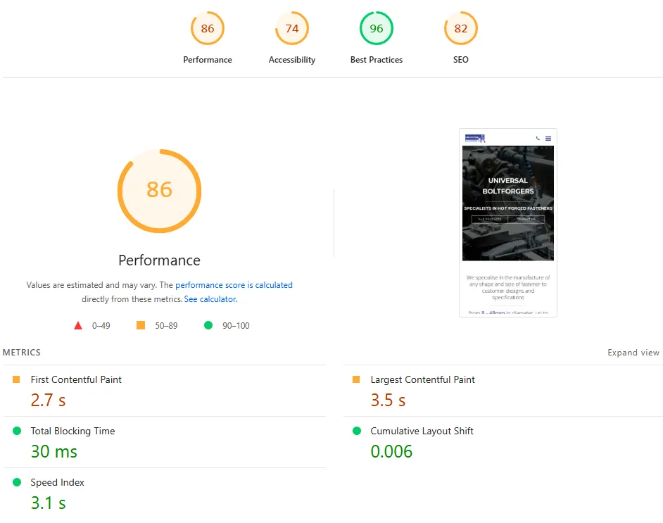 page speed insights page score