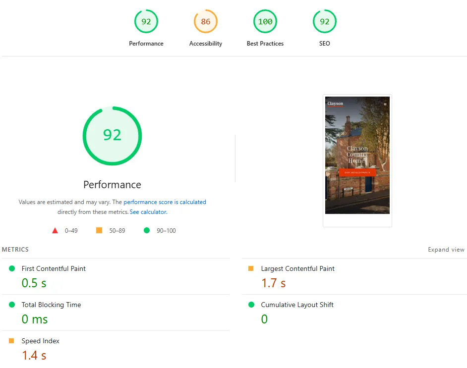 page speed insights page score