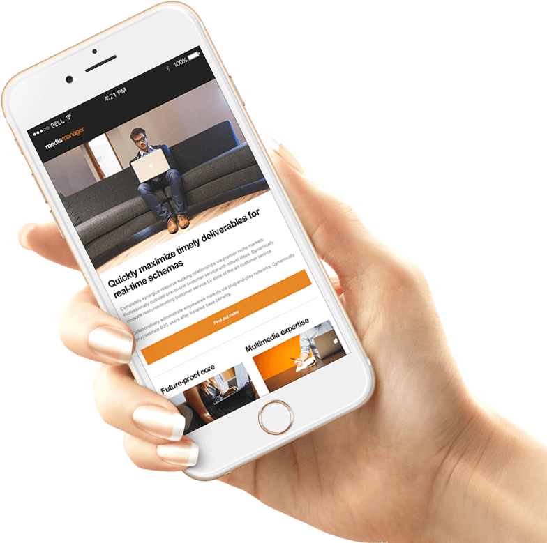 Hand holding phone with mailing manger template on screen