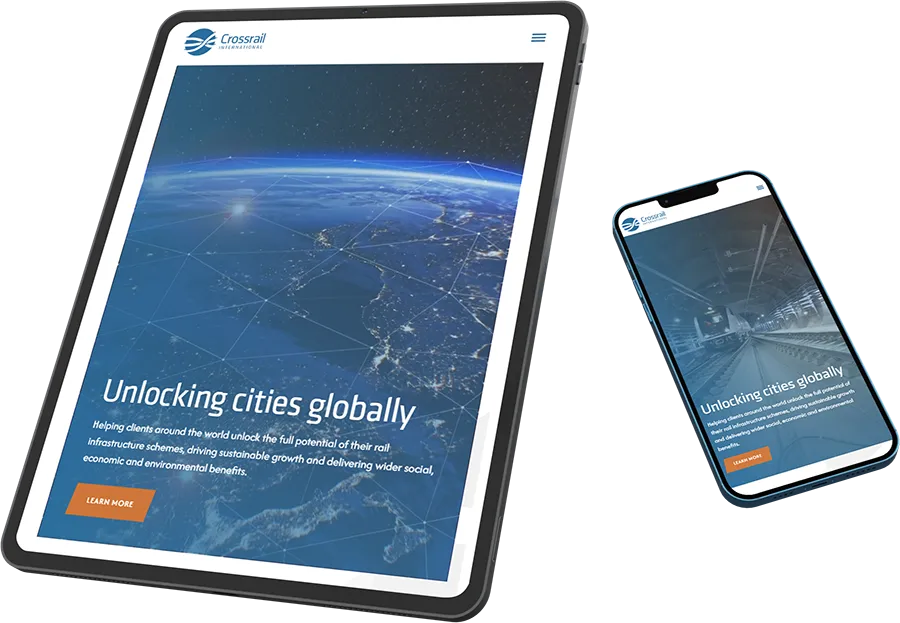 crossrail international page designs on tablet and phone