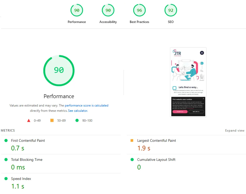 page speed insights page score