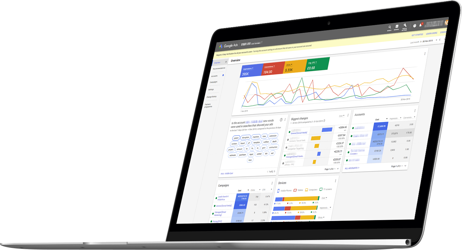 screenshot cutout of google ads dashboard on laptop
